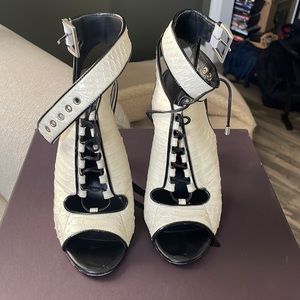 Brian Atwood white and black snake skin heel booties